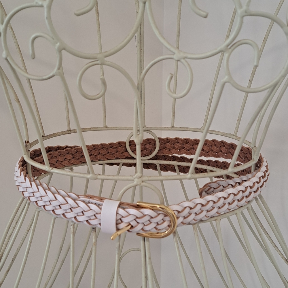 Vintage 90s J Crew White And Brown Leather, Braided Classic Belt, Size L/XL.